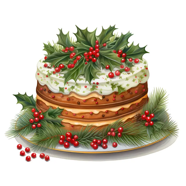 Layered Christmas Cake with Holly Leaves and Red Berries