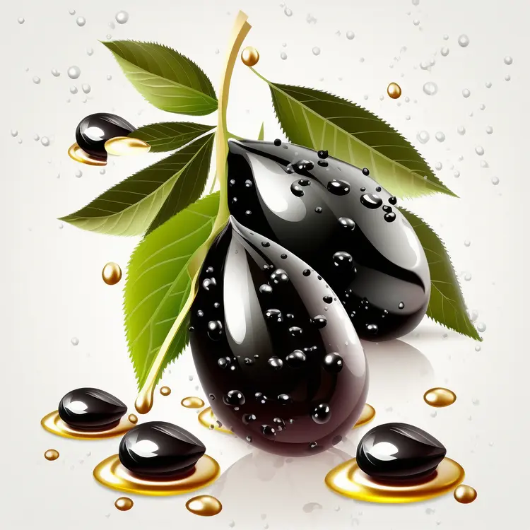 Fresh Black Olives with Leaves and Oil