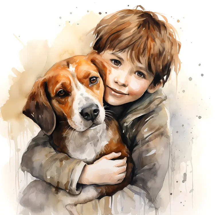 Boy Hugging His Dog with Affection