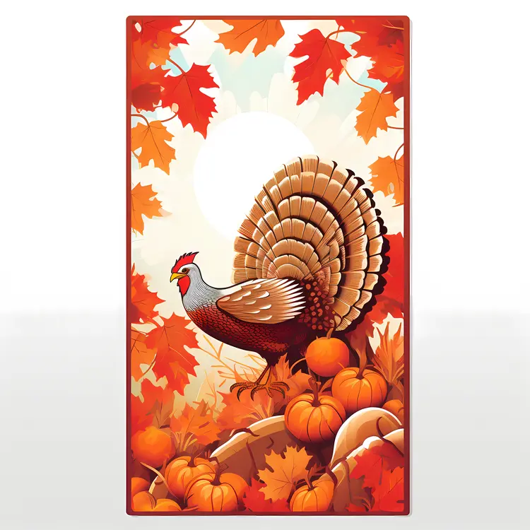 Turkey Among Pumpkins and Autumn Leaves
