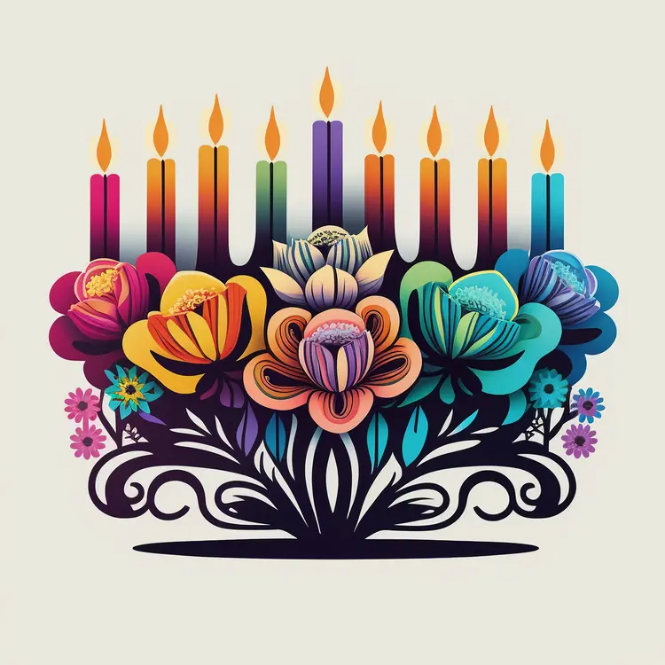 Colorful Menorah with Flowers for Hanukkah Celebration