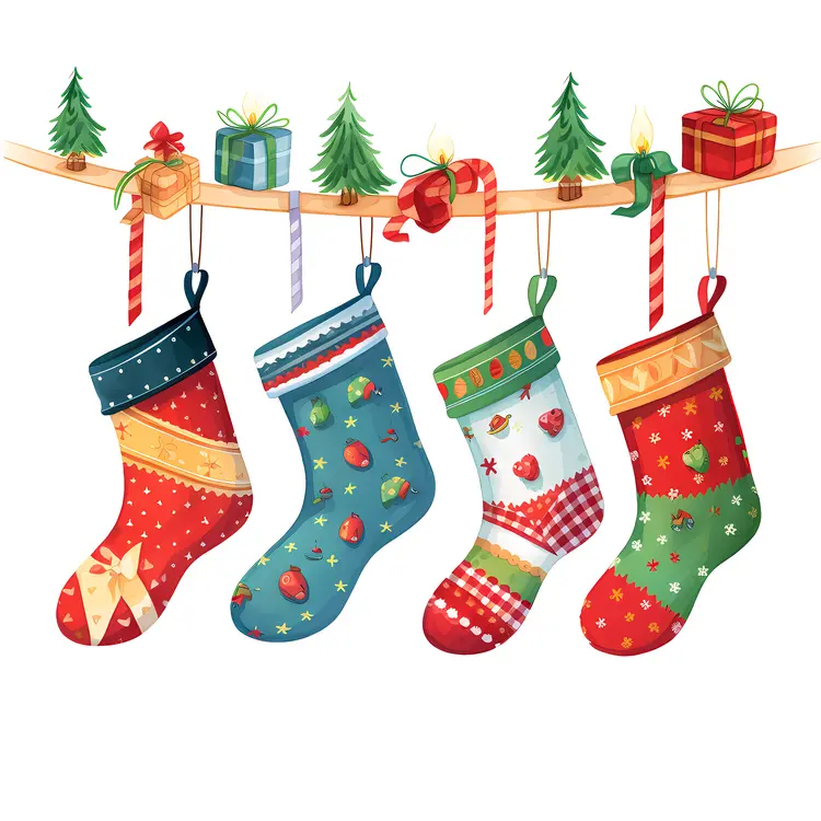 Colorful Christmas Stockings with Gifts and Decorations