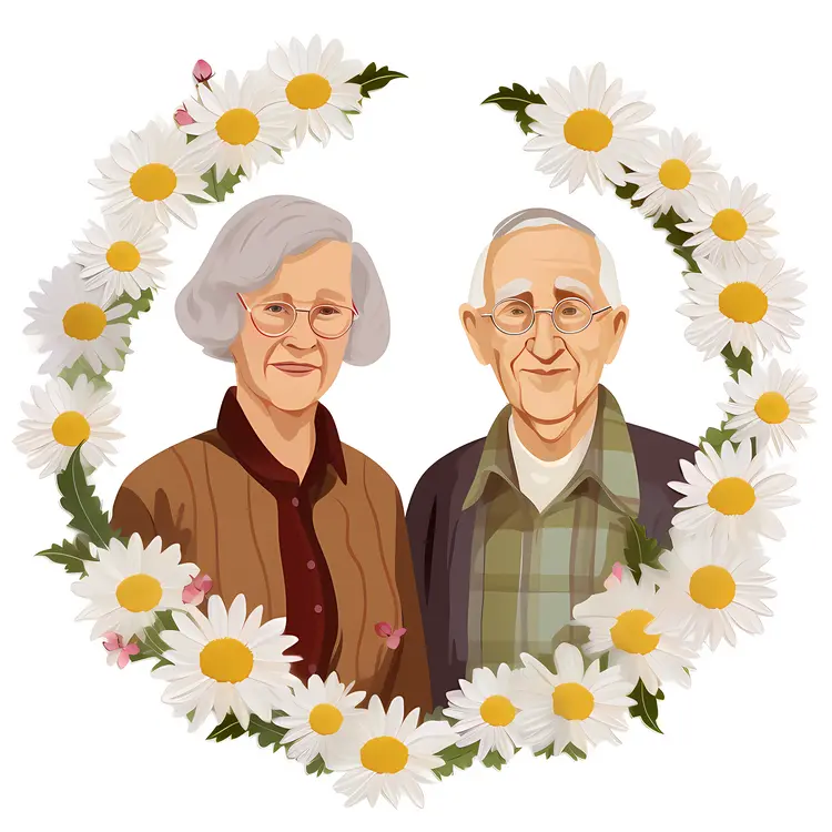 Elderly Couple with Floral Frame for Grandparents Day