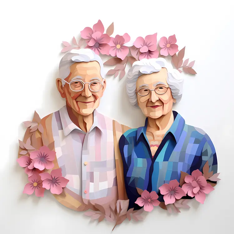 Elderly Couple Paper Art with Floral Decoration