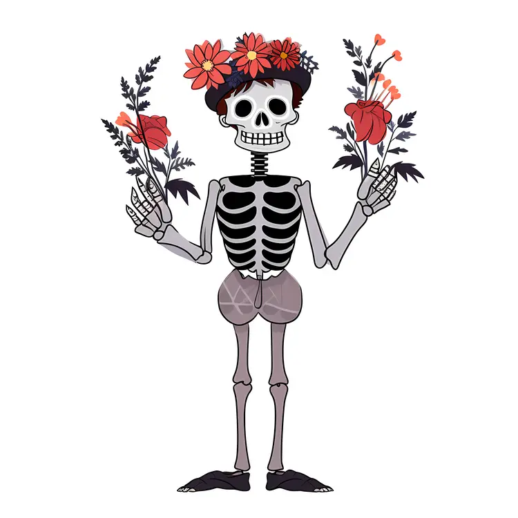 Skeleton with Flower Crown Holding Flowers