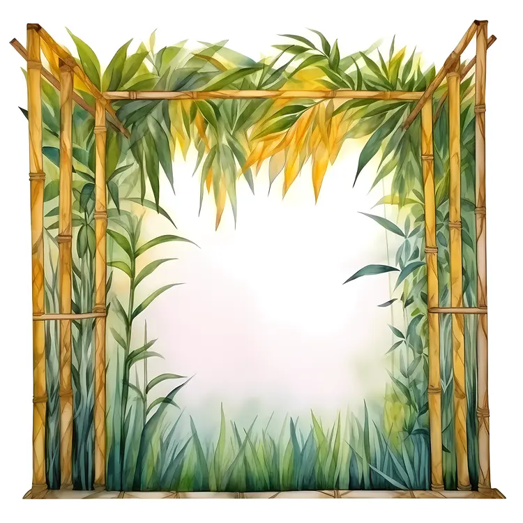 Bamboo Frame with Green Leaves and Nature Background