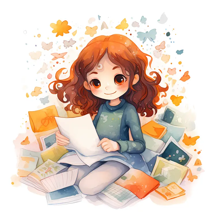 Girl Reading with Books and Butterflies