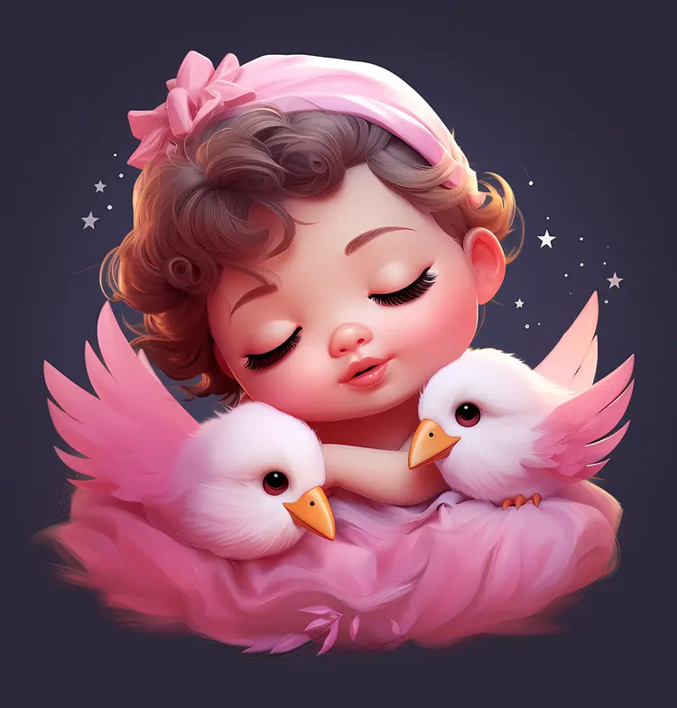 Sleeping Baby with Two Pink Birds
