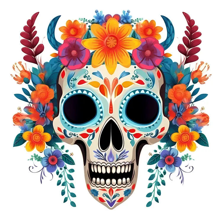 Colorful Sugar Skull with Floral Decorations for Day of the Dead