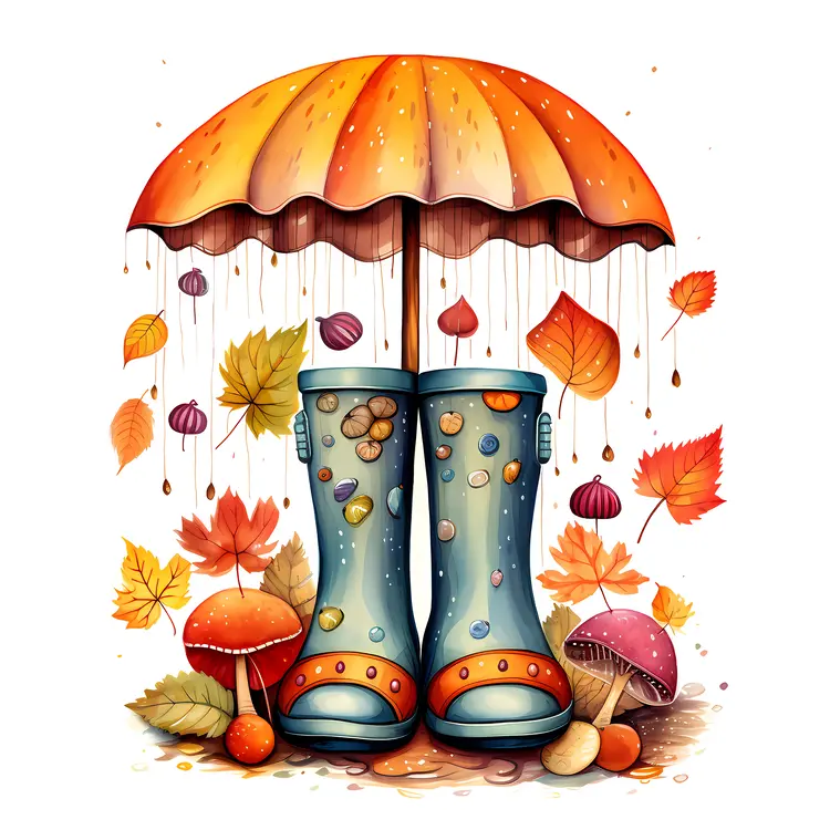 Decorated Rain Boots and Umbrella with Autumn Leaves