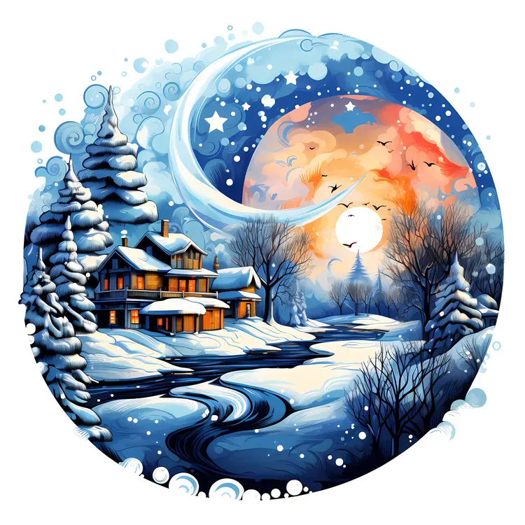 Winter Night House Illustration