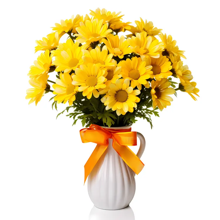 Yellow Flowers in a White Vase with Orange Ribbon