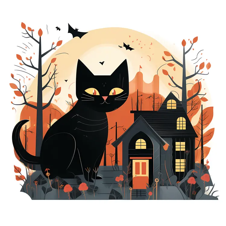Black Cat in Front of Haunted House