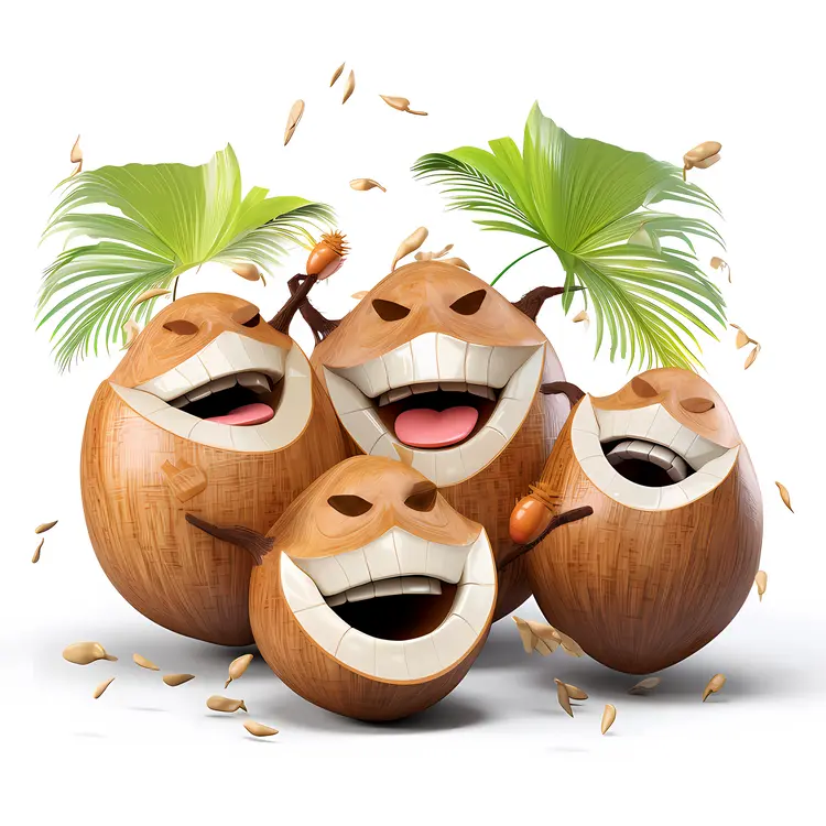 Group of Happy Cartoon Coconuts