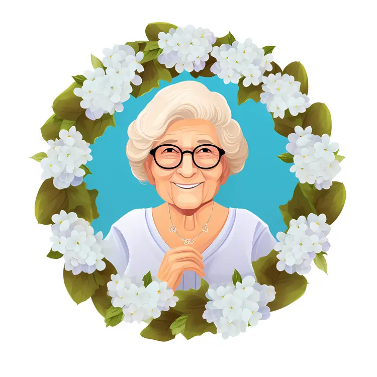 Smiling Elderly Woman with Glasses and Floral Wreath for Grandparents Day