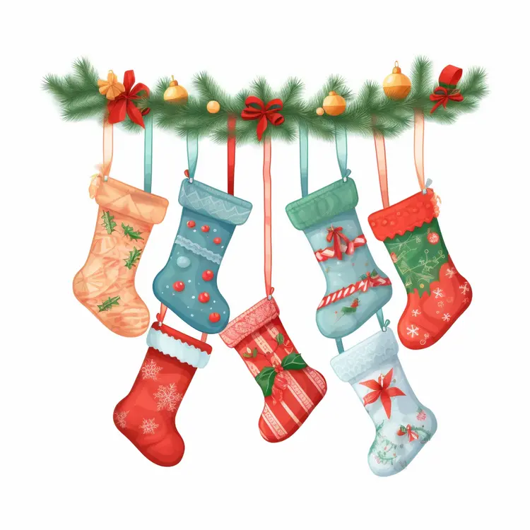Colorful Christmas Stockings Hanging on Garland