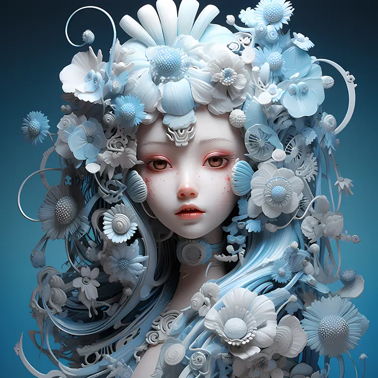 Fantasy Portrait with Blue Hair and Flowers