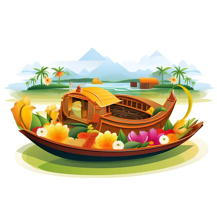 Beautiful Houseboat with Flowers in Tropical Scenery