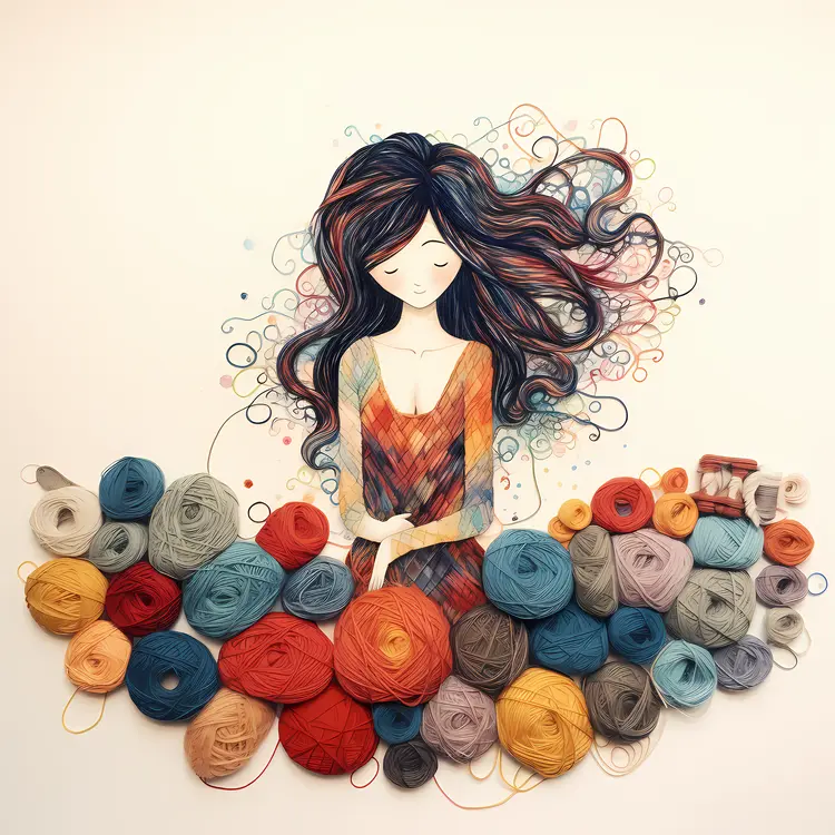 Girl Surrounded by Colorful Yarn Balls