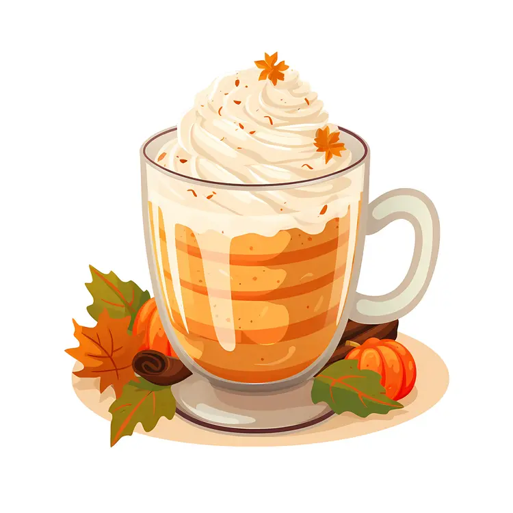 Pumpkin Spice Latte with Whipped Cream and Autumn Leaves