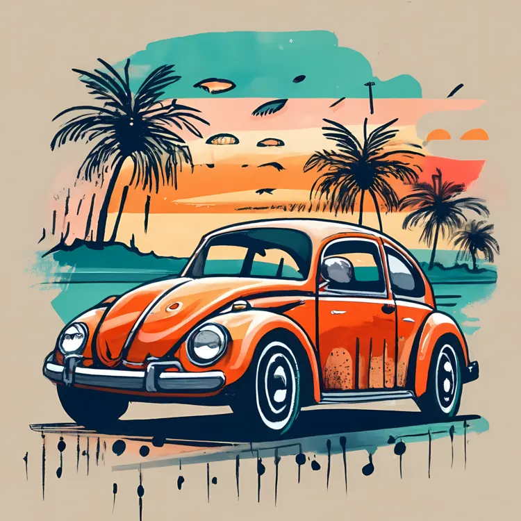 Vintage Orange Car at Sunset Beach