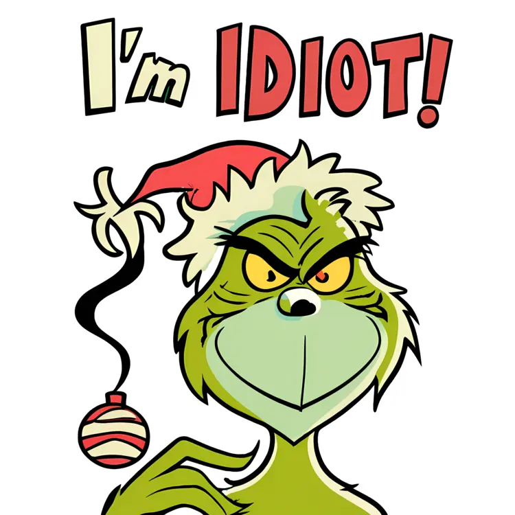 Grinch in Santa Hat with 'I'M IDIOT!' Text