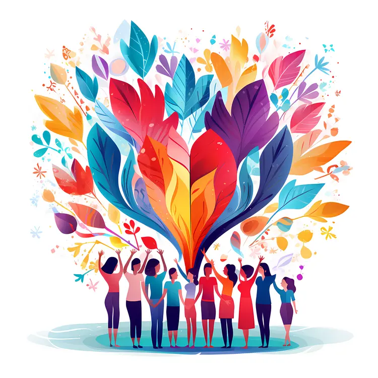 People with a Colorful Heart-Shaped Tree