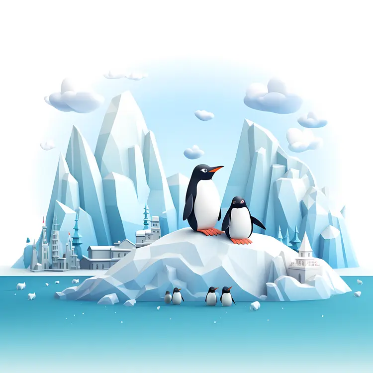 Penguins and Icebergs in Winter Landscape