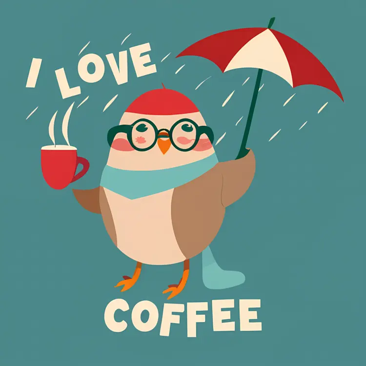 Cute Bird with Coffee and Umbrella