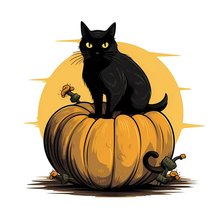 Black Cat Sitting on Pumpkin