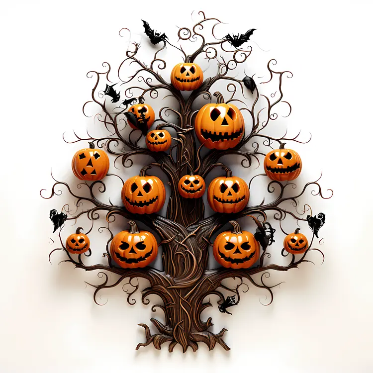 Tree with Pumpkins and Bats
