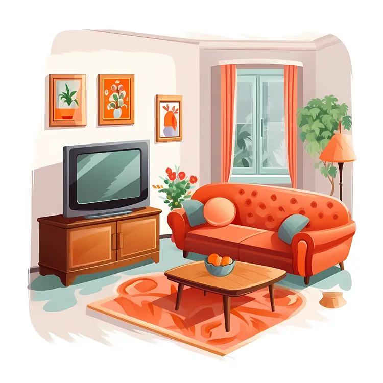 Cozy Living Room with Red Sofa and TV