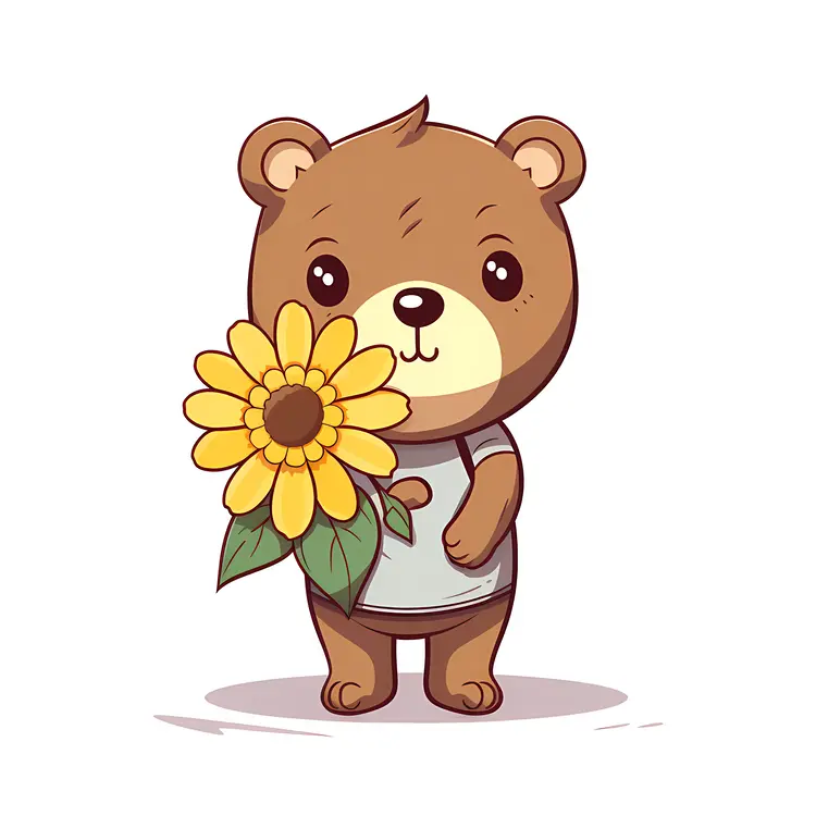Cute Bear Holding a Sunflower