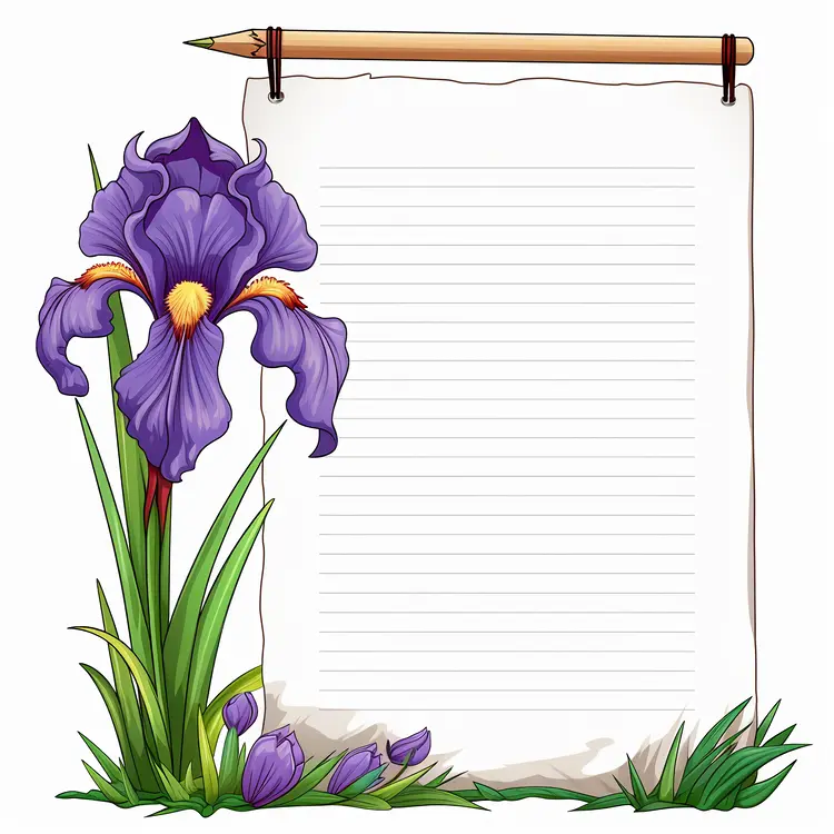 Floral Stationery with Pencil and Iris Flower Design