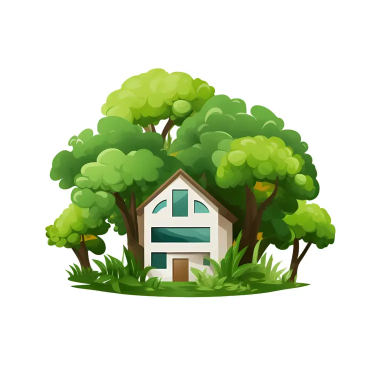 Small cute doodle house surrounded by trees