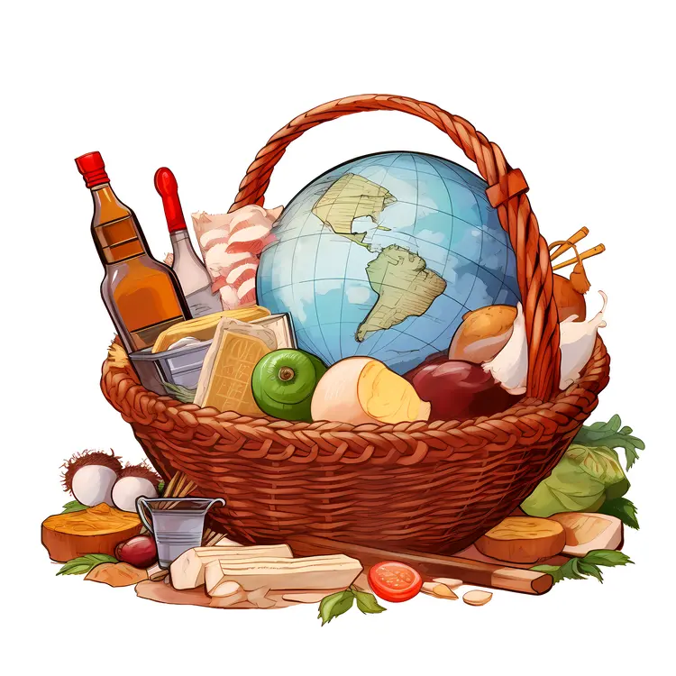 Wicker Basket with Globe and Food Items