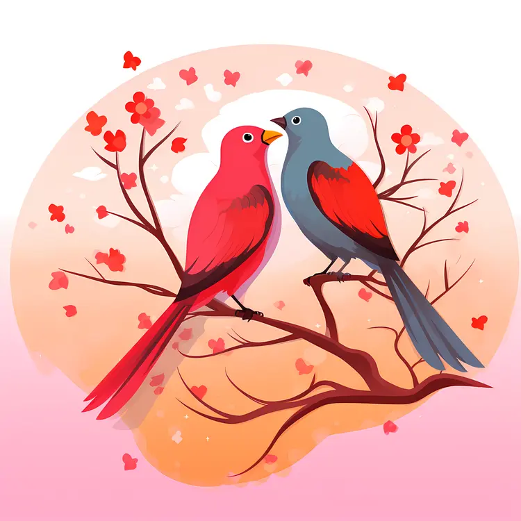 Romantic Birds on a Flowering Branch for Valentine's Day