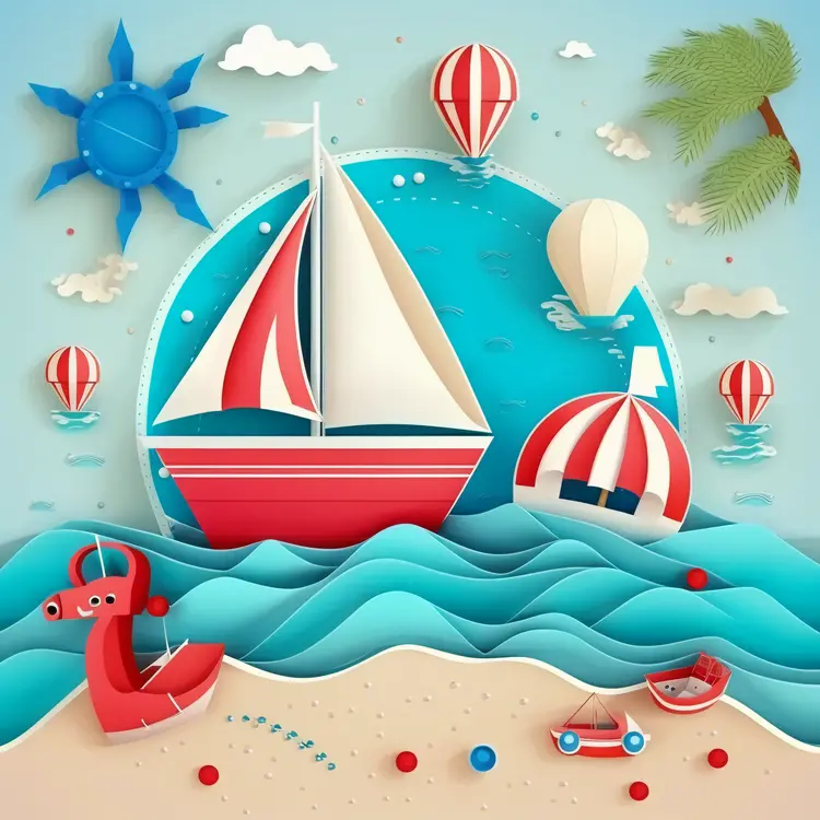 Colorful Sailboat and Beach Scene with Hot Air Balloons