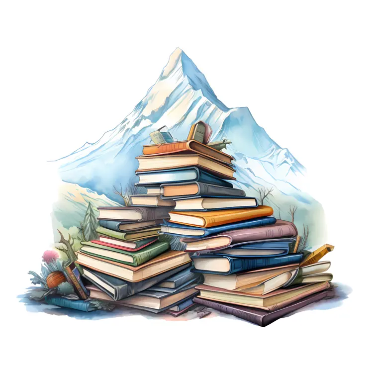 Stack of Books with Mountain Background