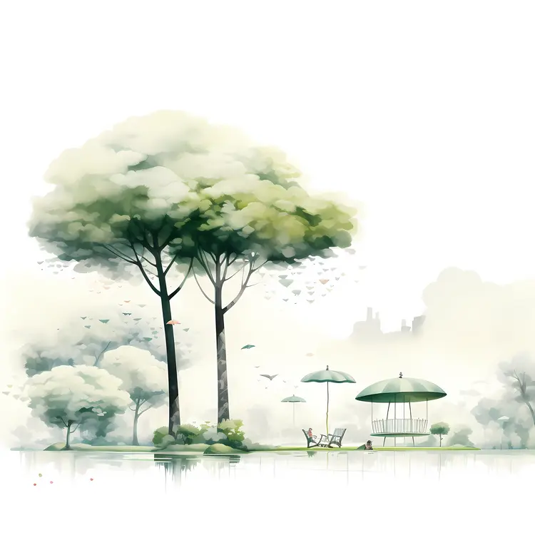 Misty Park with Trees and Umbrellas