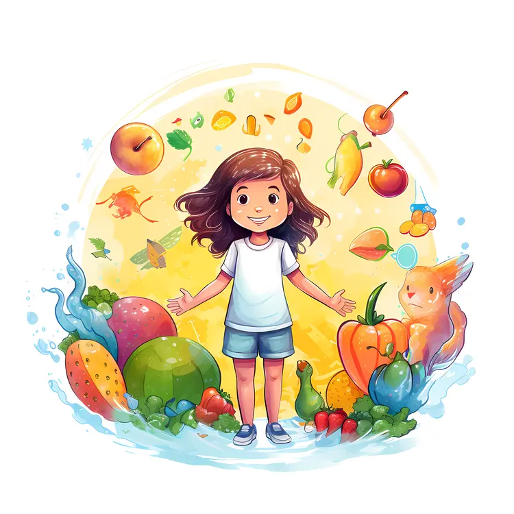 Happy Girl Surrounded by Fruits and a Squirrel