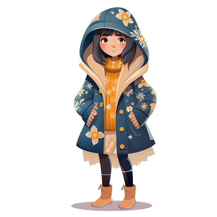 Cute Girl in Blue Winter Coat Illustration