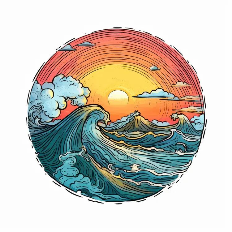 Beautiful Sunset Over Ocean Waves Illustration