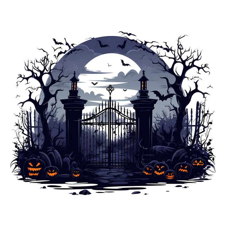 Spooky Haunted Gate with Bats and Pumpkins