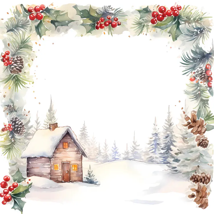 Snowy Cabin in Winter Forest with Decorated Frame