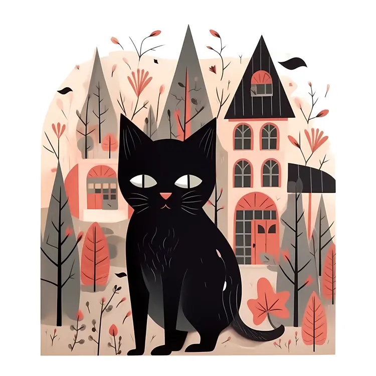 Black Cat in Front of Haunted House