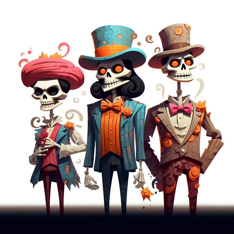 Colorful Skeleton Trio with Top Hats