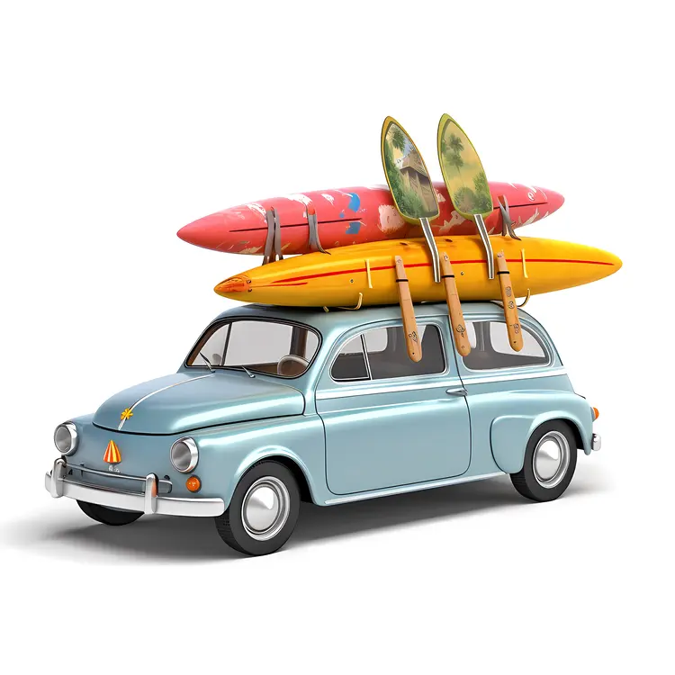 Vintage Blue Car with Surfboards for a Summer Beach Vacation
