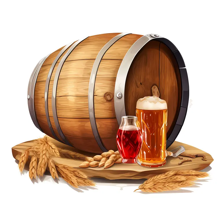 Wooden Beer Barrel with Glasses and Wheat