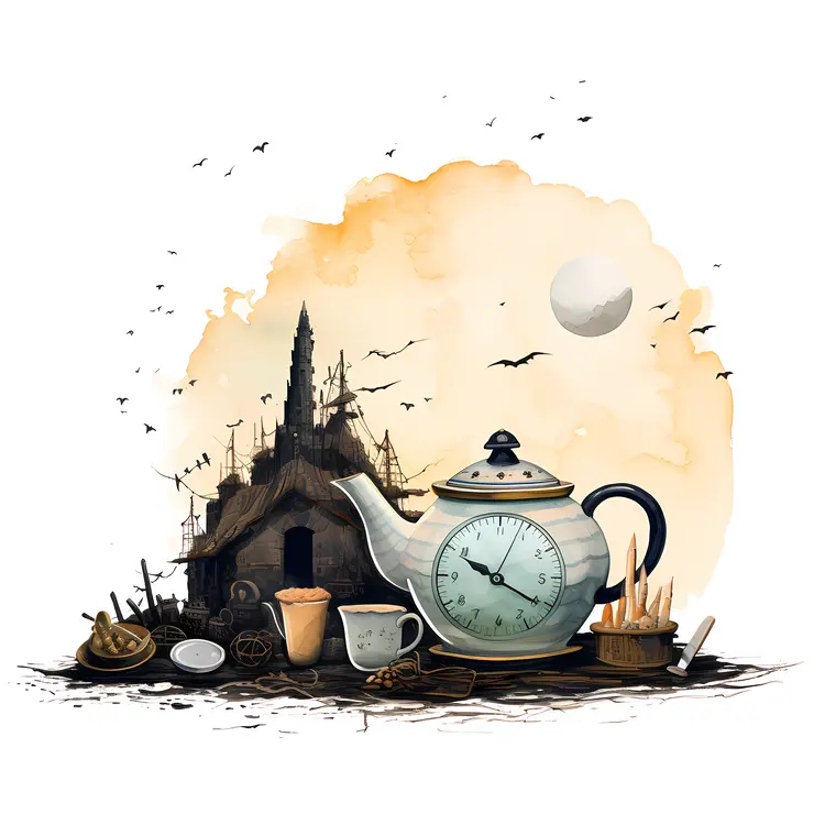 Artistic Teapot with Clock and Village